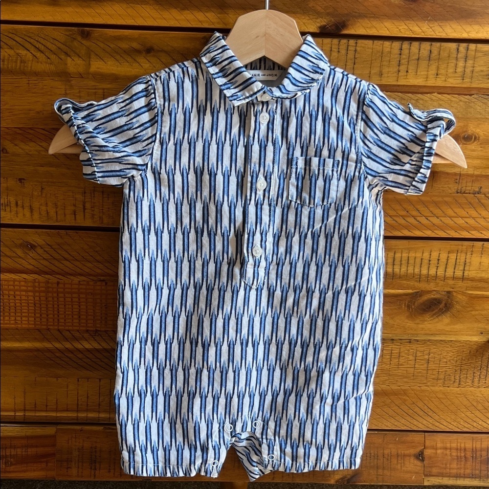 Janie & Jack Baby Ikat Linen Romper Blue and White Striped Baby Romper